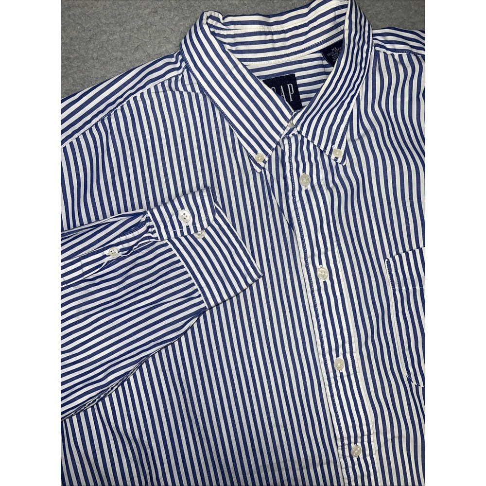 VTG Gap Shirt Men's XL Blue White Striped Long Sleeve Button Up Chest Pocket Y2K